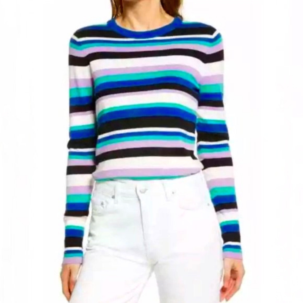 NWT HALOGEN CREWNECK SWEATER Multi Blue Freya Stripe Sz Small